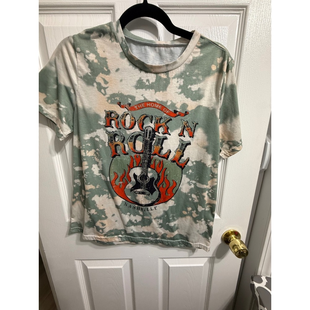 Nashville The Home of Rock N Roll Graphic Tee Green Bleach Tie Dye Shirt Small